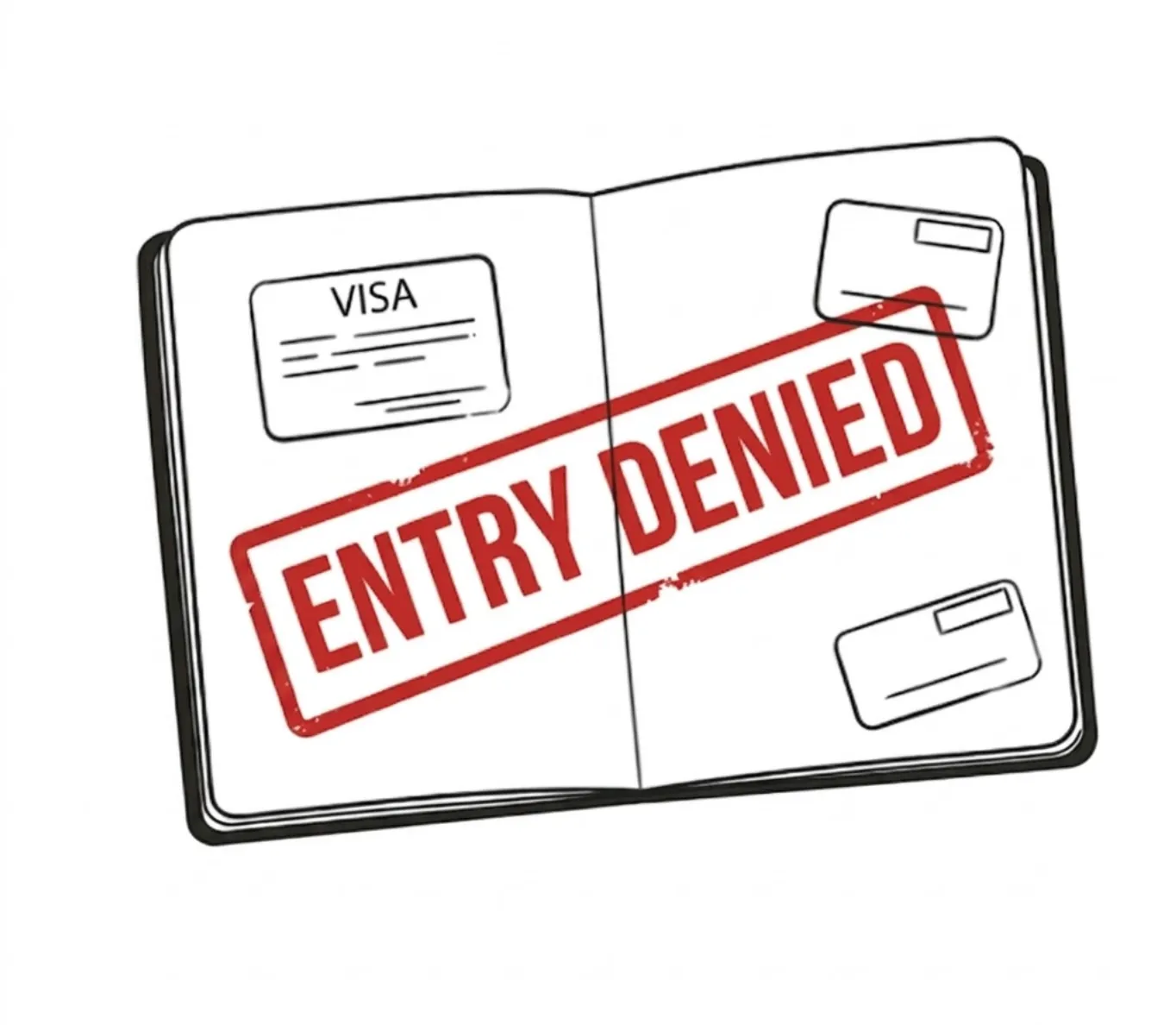 Illustration fictive : un passeport ouvert sur sa page de visa, traversé par un grand tampon rouge « ENTRY DENIED ». Le passeport vient d’un pays imaginaire — la scène évoque le refus d’entrée que peut entraîner une erreur de calcul de jours.