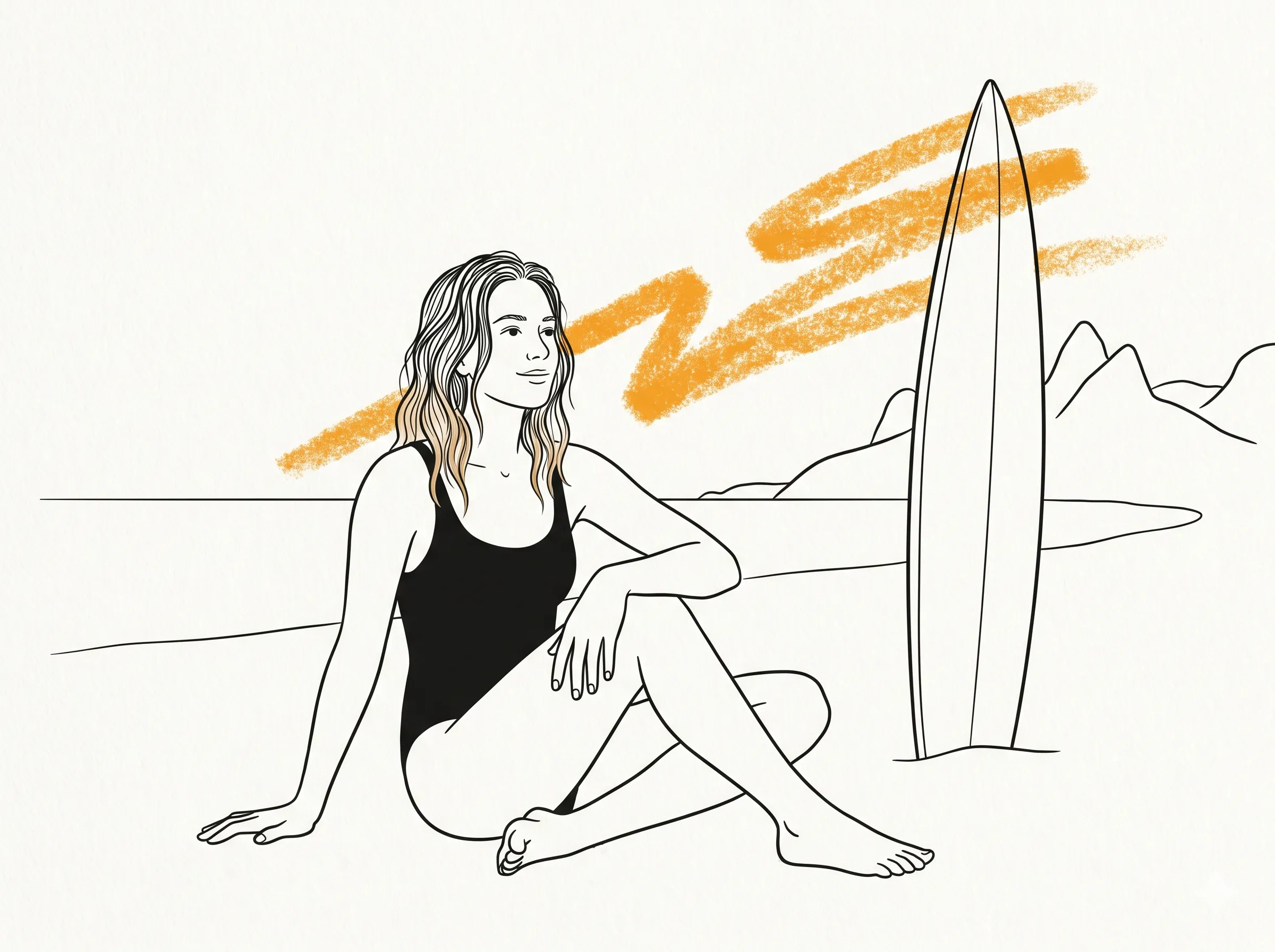 Maca marche sur une plage de Rio, sa planche de surf sous le bras, la silhouette du Pain de Sucre dessinée au loin et quelques traits de vague autour d’elle. Soleil et vagues sont suggérés par des zigzags ambres en arrière-plan. Aucun téléphone, aucun écran — juste sa vie.