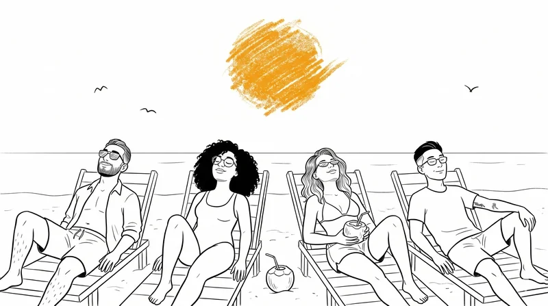 Illustration au trait : quatre voyageurs détendus sur des chaises longues face à la mer, un soleil ambre tracé au crayon gras au-dessus d'eux. Aucun téléphone, juste le calme du voyage.