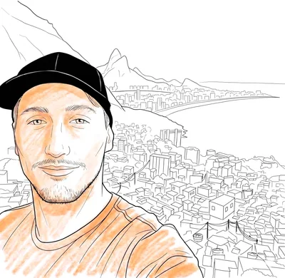 Portrait line-art de Samuel Clément, fondateur de Qamino, en selfie souriant devant les collines et la baie de Rio de Janeiro.