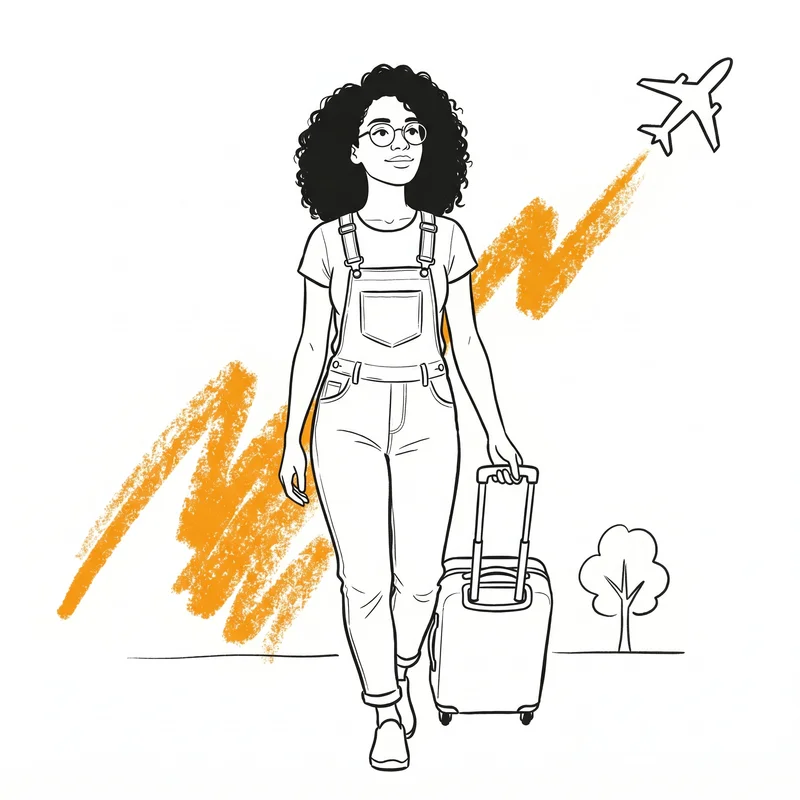 Illustration au trait : une jeune voyageuse en salopette tire sa valise et regarde un avion qui décolle. Une trace de crayon ambre dessine la trajectoire ascendante du départ.